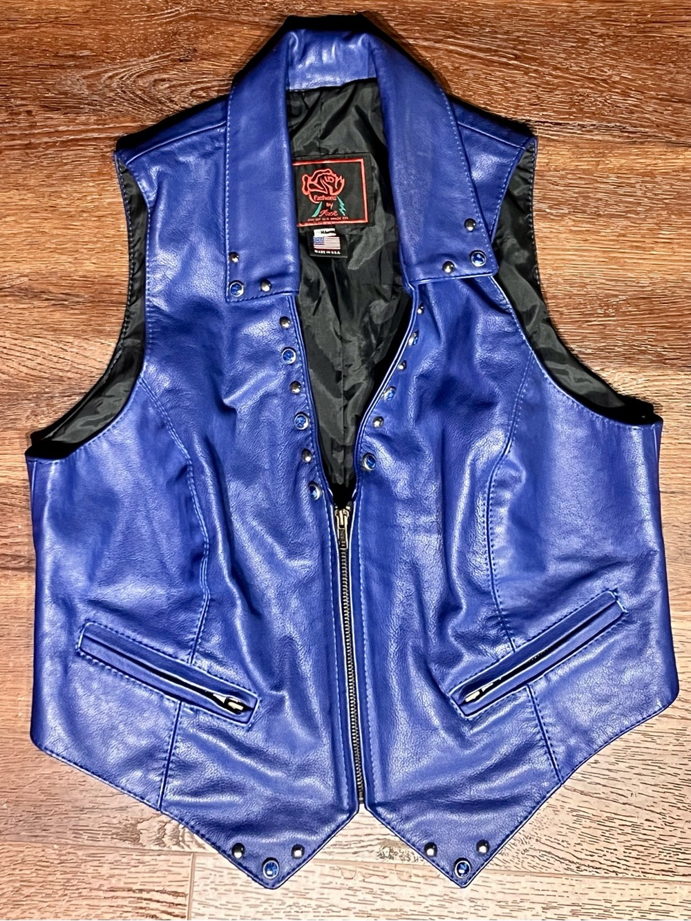 Vintage Fashions by Rose Blue Leather Motorcycle Vest Studded Biker Women XL USA